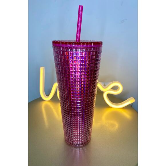 NWT Starbucks Bubble Gum Pink Iridescent Grid Tumbler.  Venti 24oz Cold Cup. - Picture 3 of 4